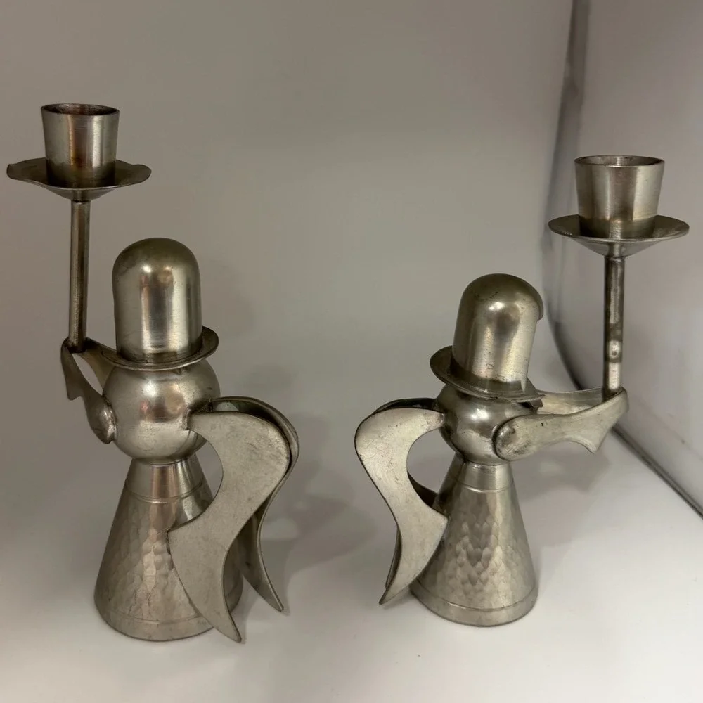 Banka Tin Silver Pewter Angel Candle Holders Hammered Set of 2